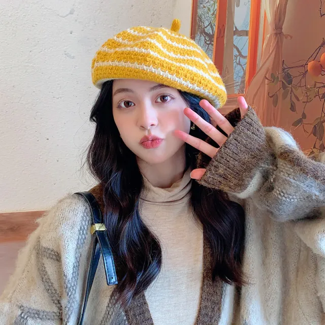 New Women's All match Knitted Wool Striped Beret To Keep Warm Yellow - Shop at LoveMi