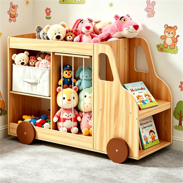 4-in-1 Kids Toy Storage Organizer With Rolling Wheels, Car Shape Wooden Bookshelf With Fabric Drawer For Playroom Nursery, Age 3- Natural — foto 7