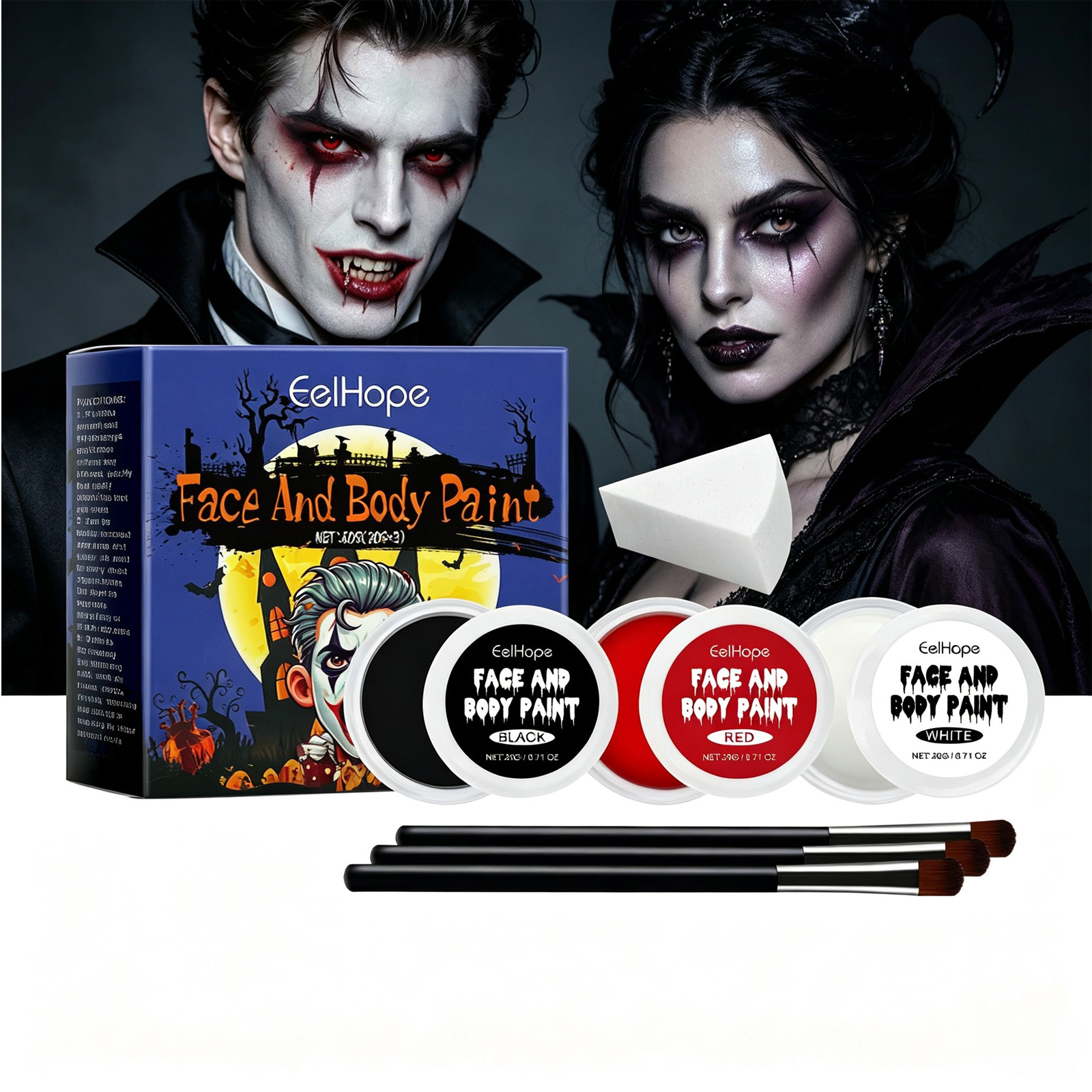 Halloween Face & Body Paint Set, Black White Red Face Paint Kit For Cosplay, Full Coverage Body Makeup For Halloween Party