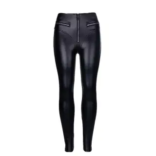 Dark Peach Buttocks Pu Tight High Waist Leather Pants Women - Black