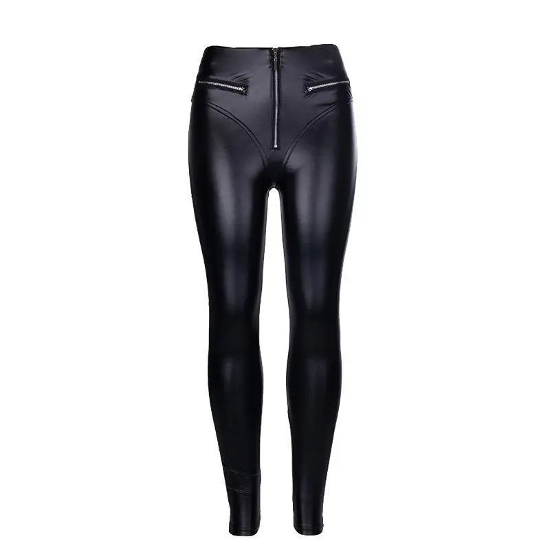 Dark Peach Buttocks Pu Tight High Waist Leather Pants Women - Black