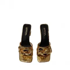 Coarse Heel Stone Pattern Chain Golden Sandals Slippers Women - Gold - View 1