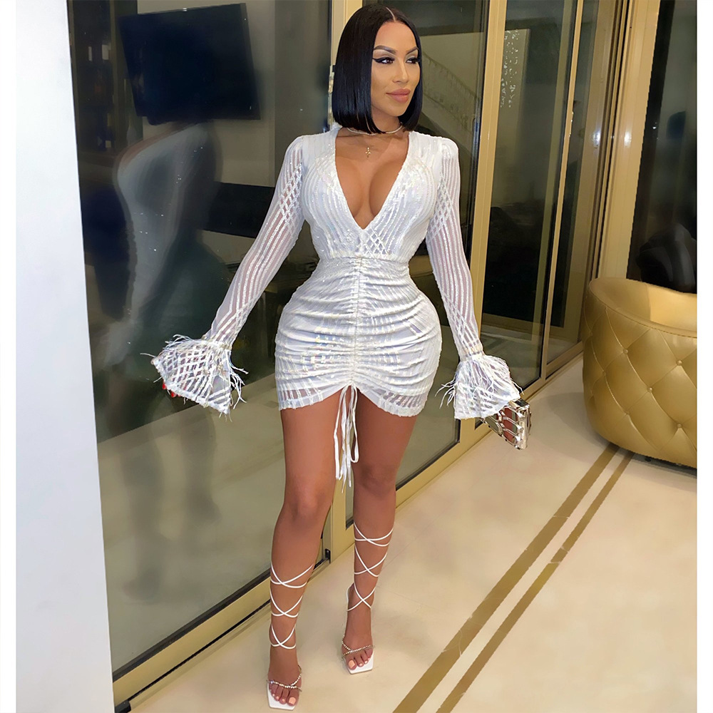 Ladies Fashion V Neck Balloon Sleeve Dress
