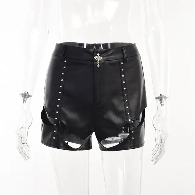 Women's European And American Leather Cutout Tight Shorts Black - Shop at LoveMi
