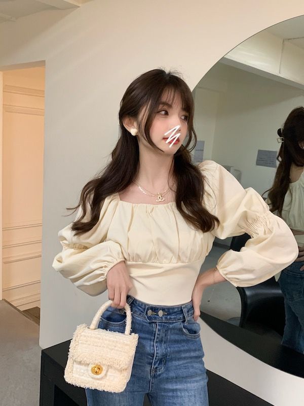 Title 5, Womens Puff Sleeve Square Collar Shirt Bow Lon...