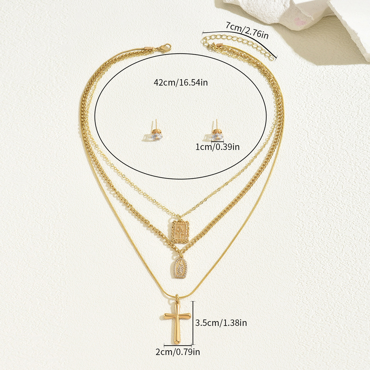 New Cross-border European American Women Jewelry Set, Unique Cross Multi-Layer Design Clavicle Necklace & Matching Ear Accessories, Versatile Daily Neck Ear Jewelry