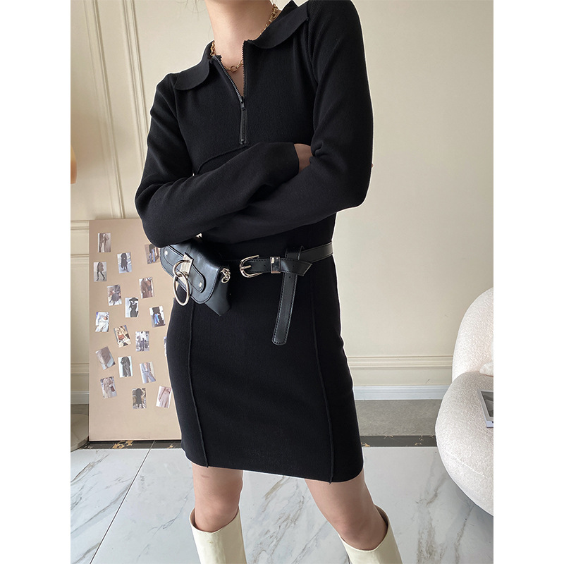 Women's Fashionable Zipper POLO Collar Slim Knit Dress