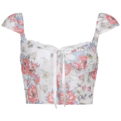 Cute Floral Print Cropped Baby Tee Y2K Fashion Lace Tie Up - Pink - View 1