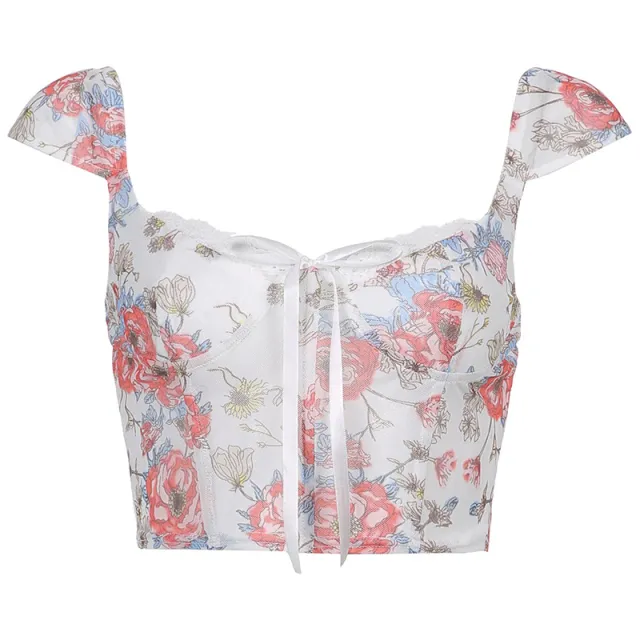 Cute Floral Print Cropped Baby Tee Y2K Fashion Lace Tie Up Pink - Shop at LoveMi