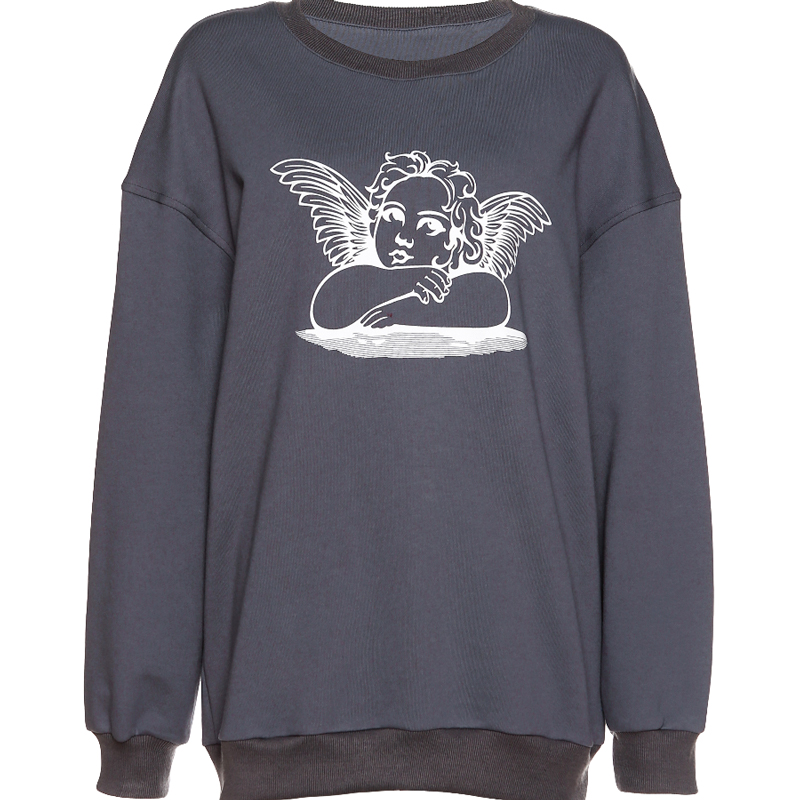 Title 7, Retro Round Neck Loose Angel Print Long Sleeve Top