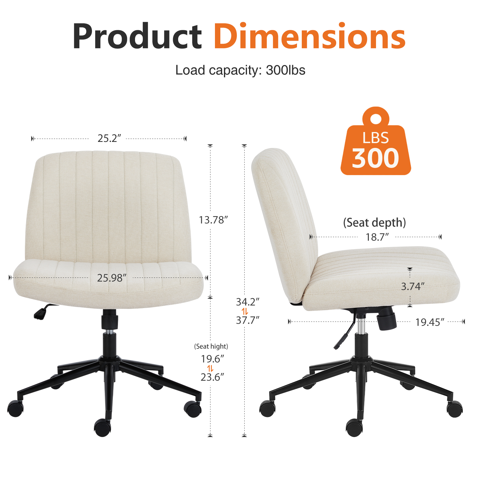 Office Desk Vanity Chair Cross Legged Armless Swivel Fabric Height Adjustable Wide Seat With Replaceable Wheels-Fixed Base, Comfy Task Chair Padded image 45