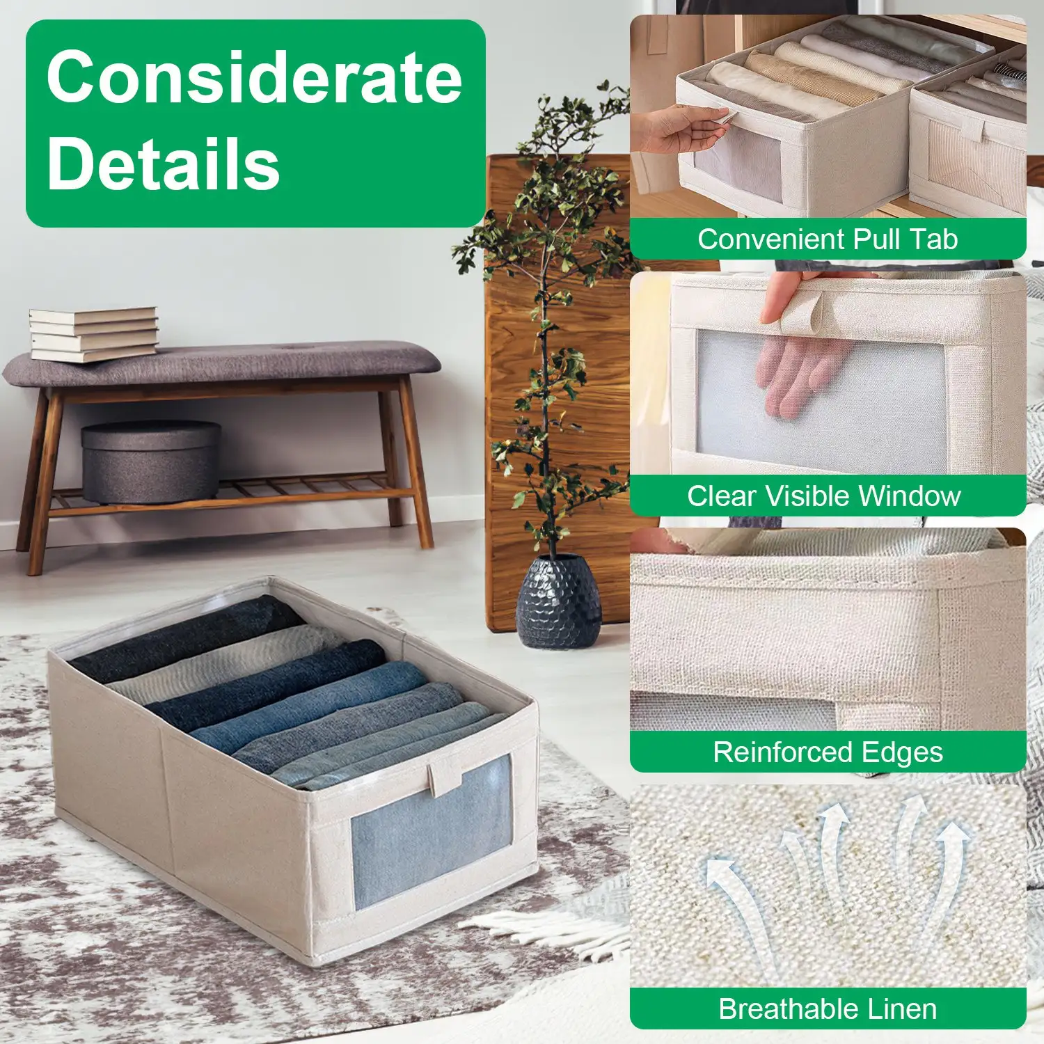 4Pcs Foldable Linen Clothing Storage Bin With Visible Clear Window Convenient Handle Multipurpose Collapsible Storage Basket Closet Fabric Container For Shelves