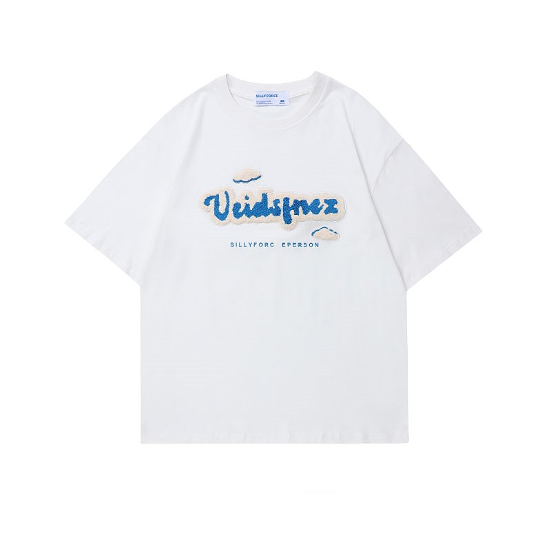 American Retro High Street Letters Towel Embroidery Round Neck Black Short sleeved T shirt Women White - Shop at LoveMi