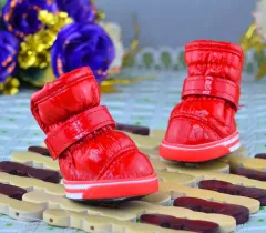PU Mirror Leather Warm Pet Dog Shoes In Winter - Red - View 1