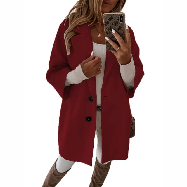Sleeves Button Lapel Pocket Women's Woolen Jacket Red - Shop at LoveMi