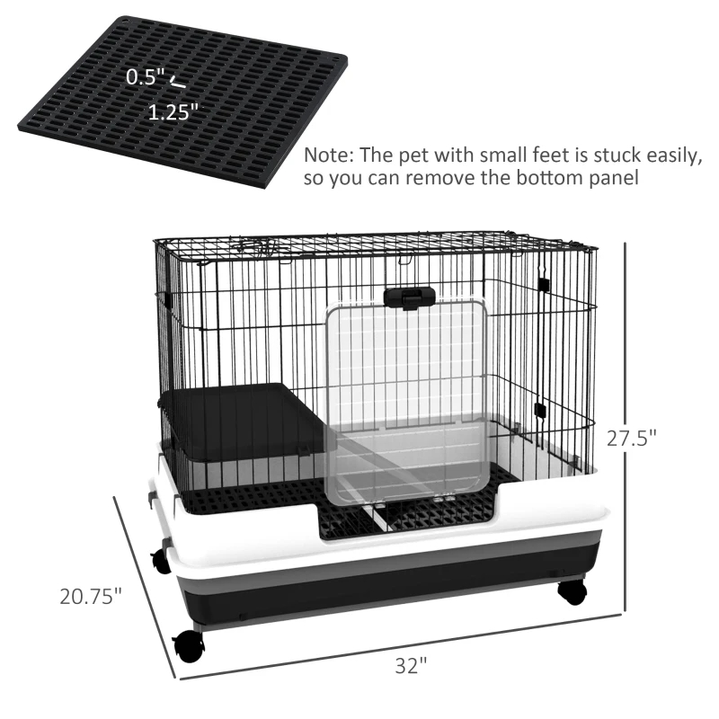 PawHut 2-Level Small Animal Cage Rabbit Hutch With Wheels, Removable Tray, Platform And Ramp For Bunny, Chinchillas, Ferret, Black