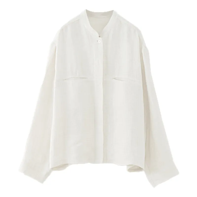 Retro Stand Collar Design Sense Of Minority Cotton And Linen Long Sleeve Shirt - White