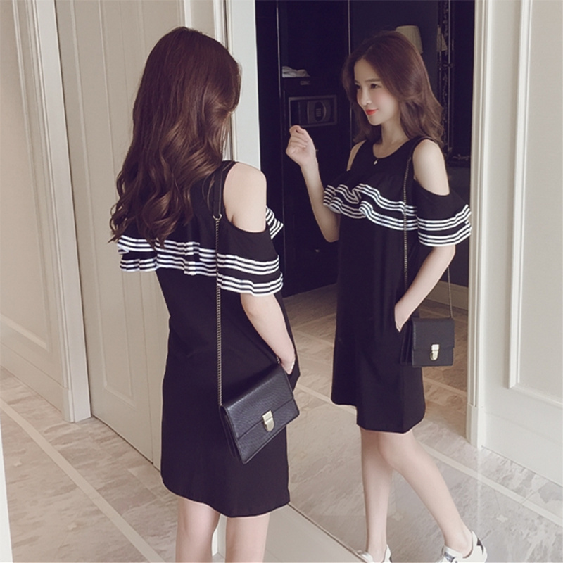 Loose Striped Cotton Short-sleeved Women's Strapless Ruffle