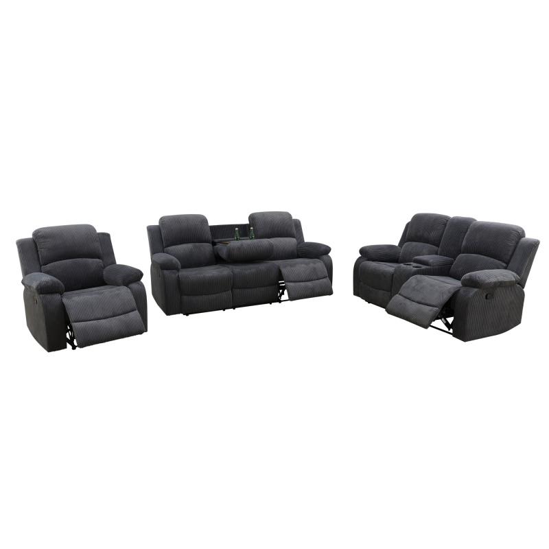 Pickup Only--Dark Grey Corduroy 3-Piece Living Room Recliner Sofa