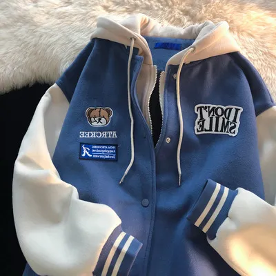 Style Retro Bear Hooded Jacket Loose And Chic Blue - Shop at LoveMi