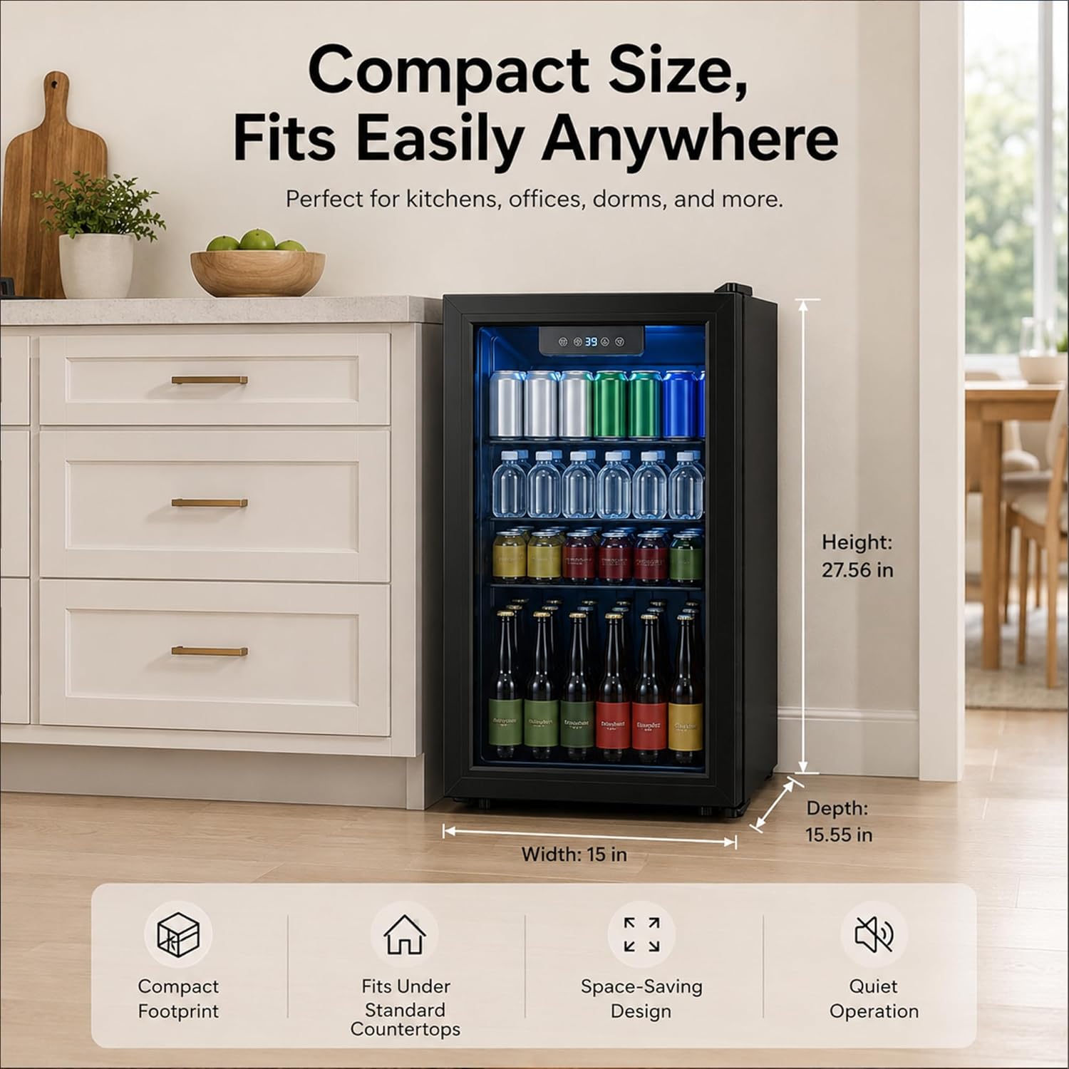3.3 Cu Ft Beverage Refrigerator, 126 Can Mini Fridge With Glass Door, Digital Temperature Control, Quiet Beverage Cooler Fridge For Beer Soda Wine, Air Cooling For Home Office Bar