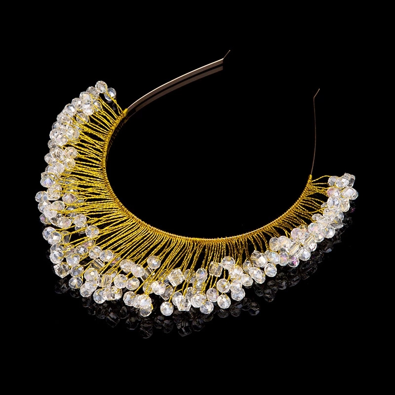 Handmade Crystal Beaded Plate Hair Accessories Wedding Headdress Bridal Headband Gold - Shop at LoveMi