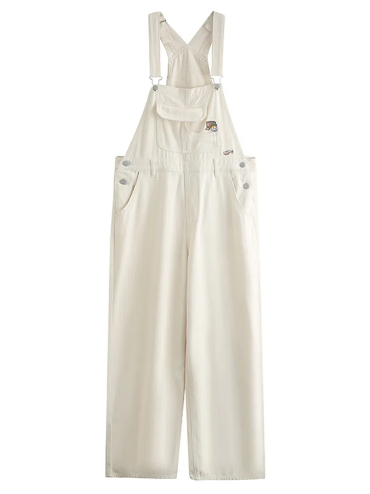 Womens Solid Colour Denim Straight Overalls - White