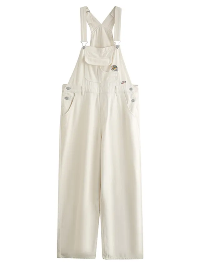 Womens Solid Color Denim Straight Overalls White - Shop at LoveMi