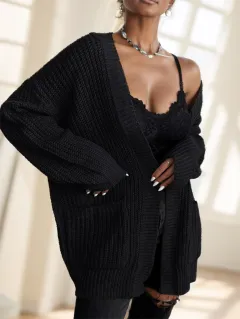 Chiquease Solid Dual Pockets Ribbed Knit Cardigan,Long Sleeve Tops - Black - View 1