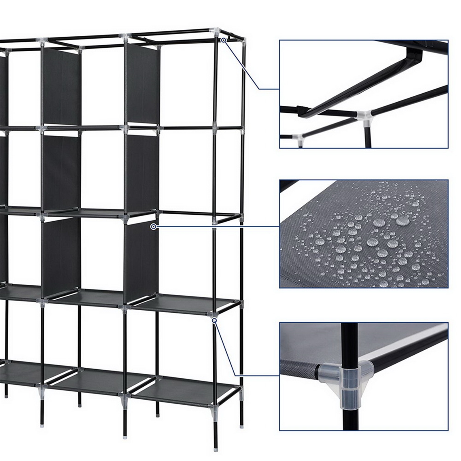 67 Inch Clothes Closet Portable Wardrobe Clothes Storage Rack 12 Shelves 4 Side Pockets Gray