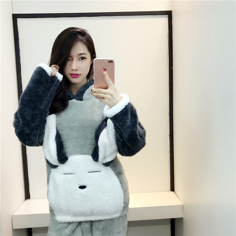 Title 2, Ladies Flannel Warm Cute Lively Cartoon Hooded Set