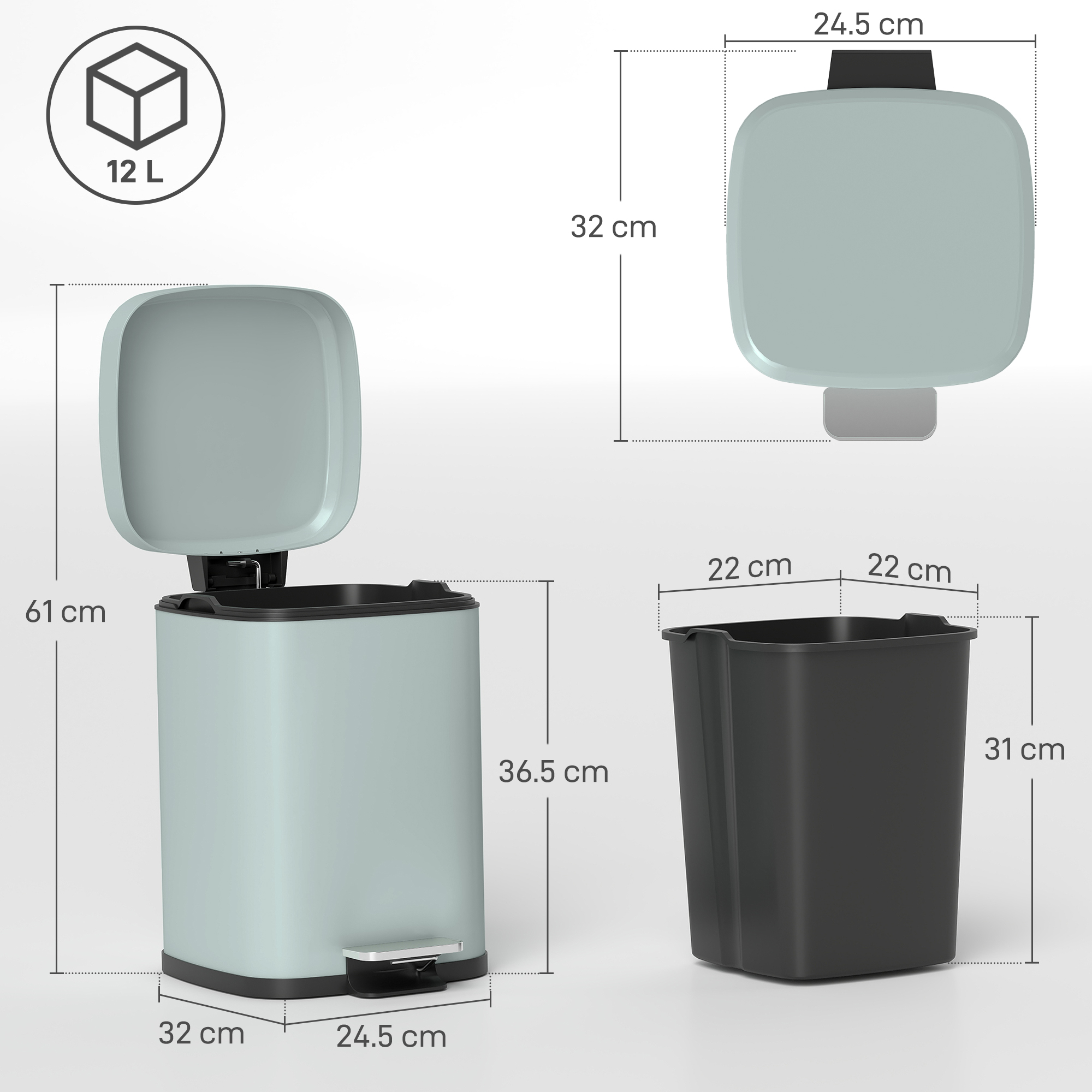 12 liter modern square metal kitchen trash can - light green