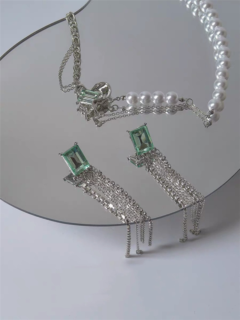 Design Tassel Mint Green Square Rhinestone Silver Pin Earrings
