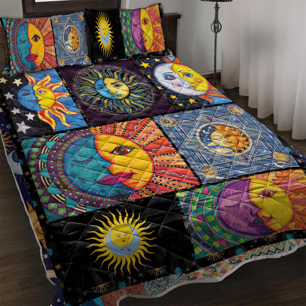 Bohemian Sun Moon Pattern Quilt Set Microfiber Soft Lightweight Portable Psychedelic Design Bedding Set, 1 Quilt With 2 Pillowcases