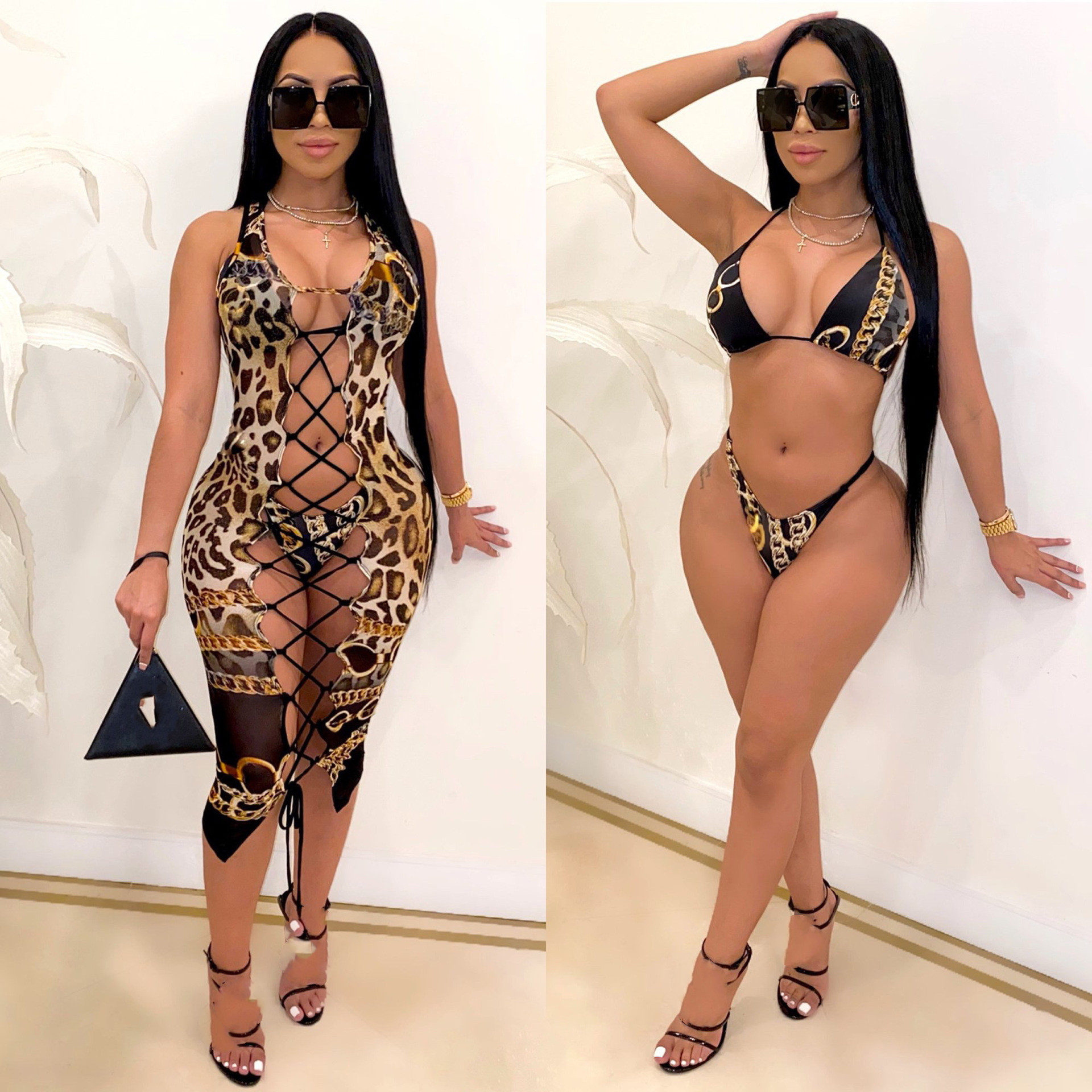 European And American Women's Sexy Bikini And Leopard Print Three-piece Swimsuit