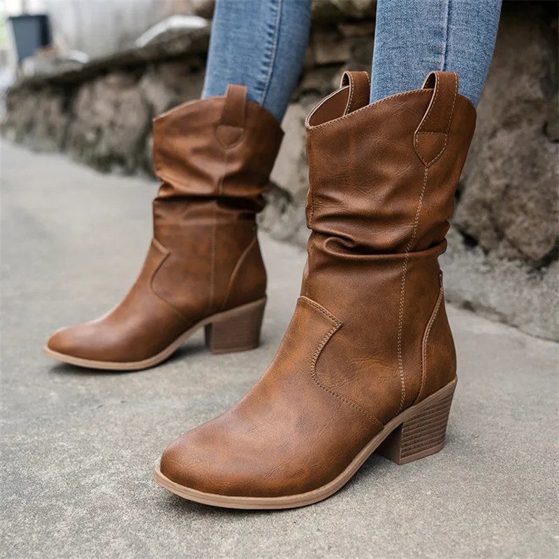 Vintage Western Cowboy Boots for Women Square Heels PU