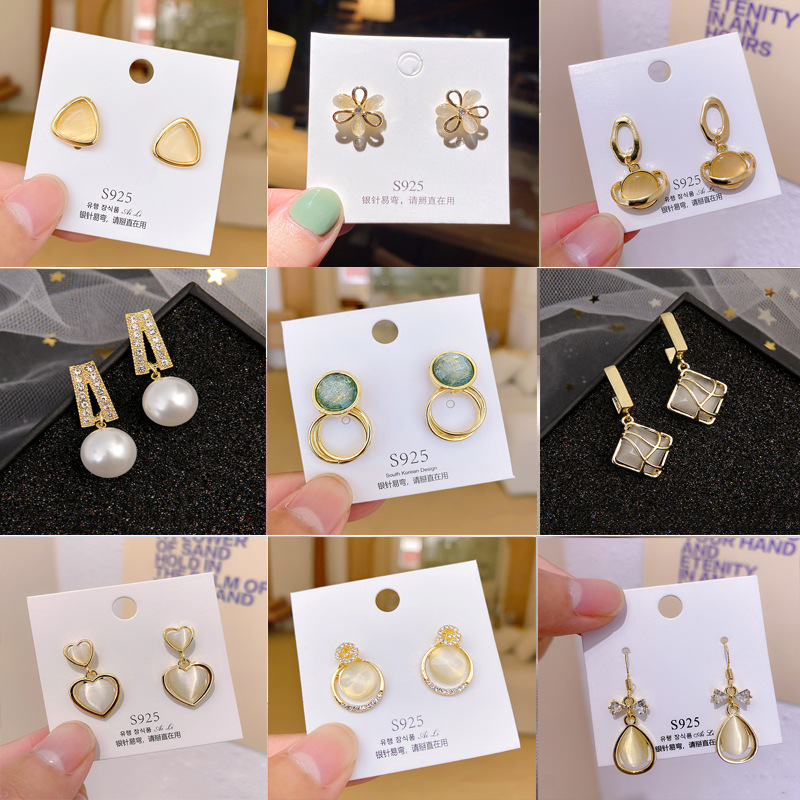 S925 Silver Needle Geometric Opal Temperament Diamond Earrings Simple
