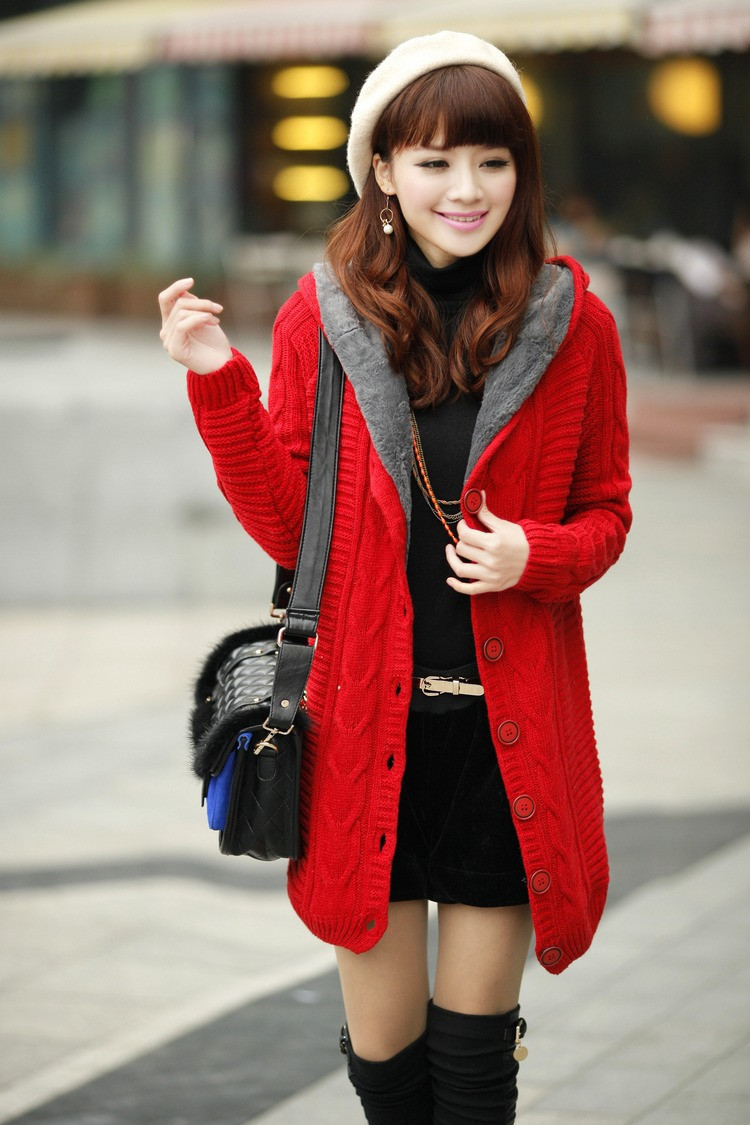 Title 5, New Twist Button Mid-length Hooded Knitted Card...