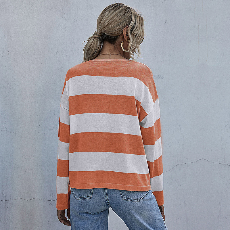 Women's Loose Round Neck Long Sleeve Knitted Striped Sweater