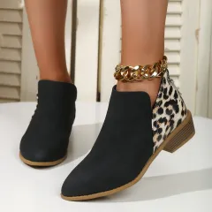 Fashion Leopard Print Boots Women Pointed Toe Chunky Heel Back Zipper Shoes - Black - View 1