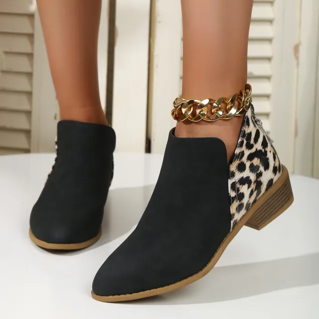 Fashion Leopard Print Boots Women Pointed Toe Chunky Heel Back Zipper Shoes Black - Shop at LoveMi