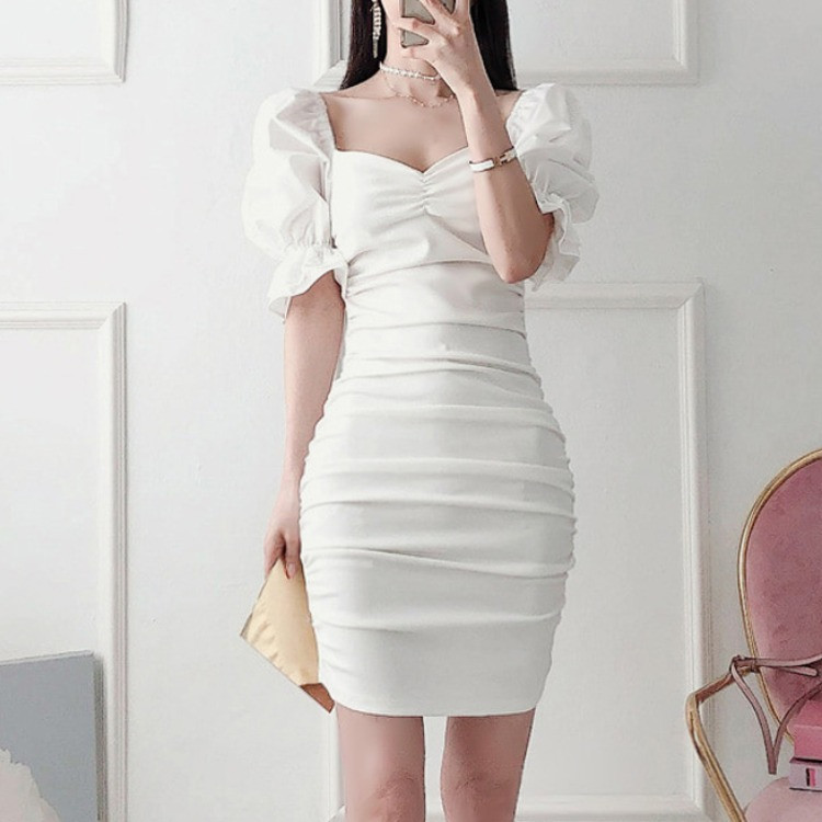 Sweet Stitching Puff Sleeve Pleated Hip Dress