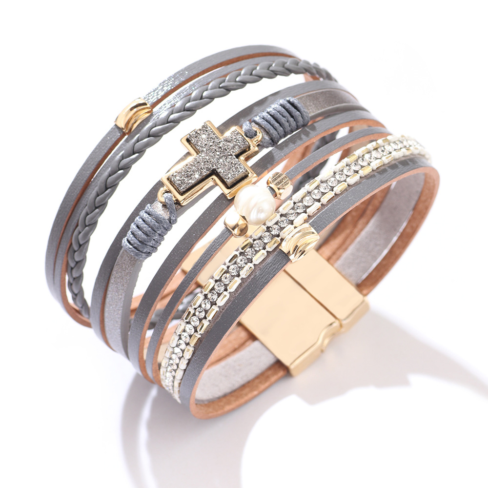 Cross Braided Multi-layer Diamond-studded Magnetic Bracelet