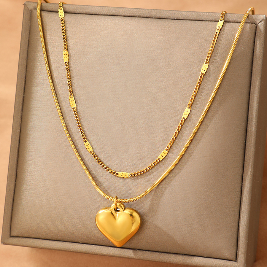 Collier Double Couche Cœur 3D Acier Inoxydable — Doré 3