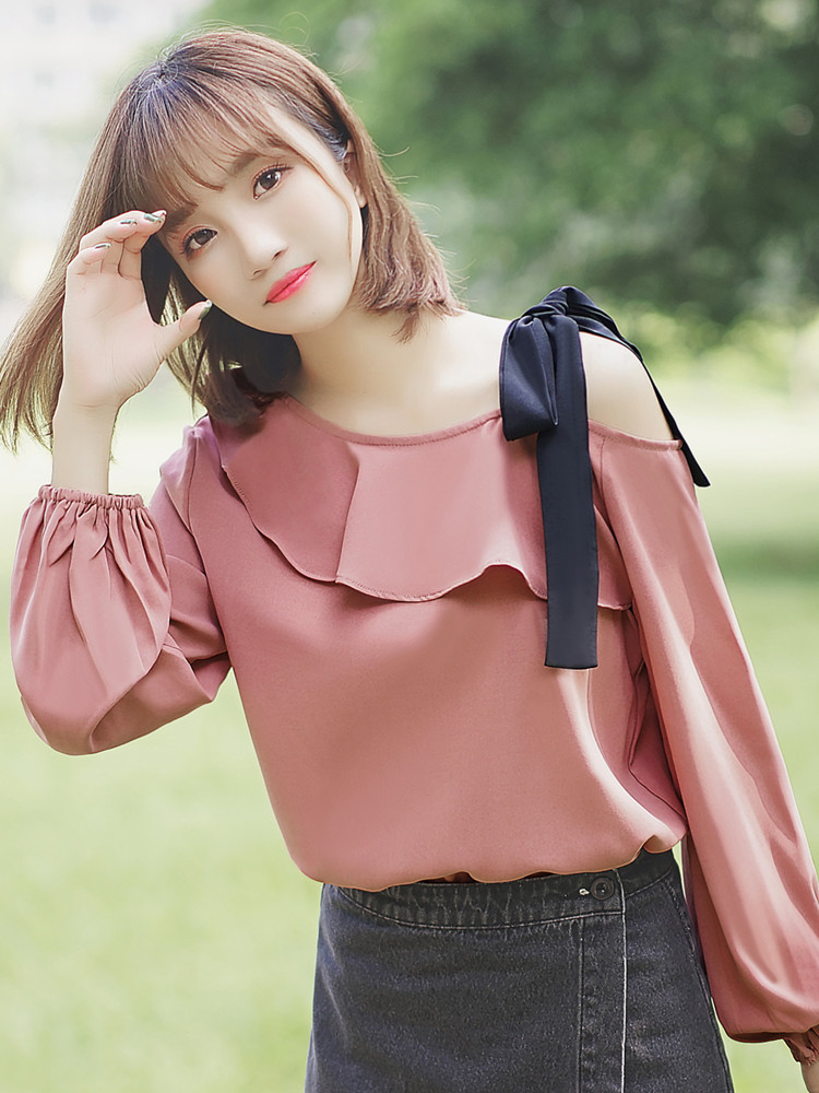 Women's Ruffle Blouse With One Word Off-shoulder Bottoming Shirt