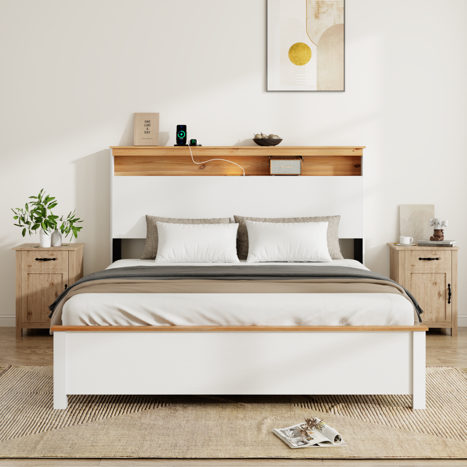 Queen Farmhouse Wood Bed Frame With Storage Headboard & Charging Station, White — foto 4
