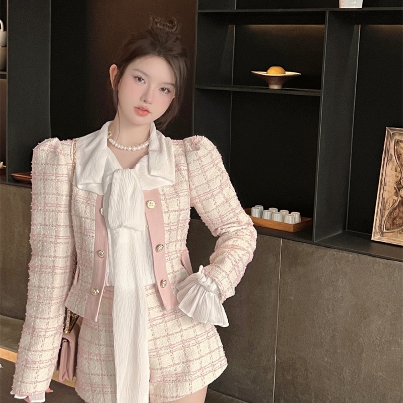 Sweet Puff Sleeve Autumn Plaid Contrast Color Button Top