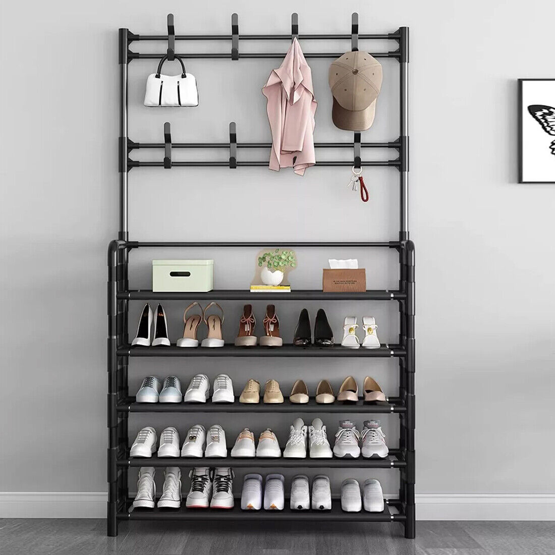 New Coat And Hat Stand 8 Hooks Metal Shoe Rack 5 Tiers Shelf Hanger Black UK — image 10