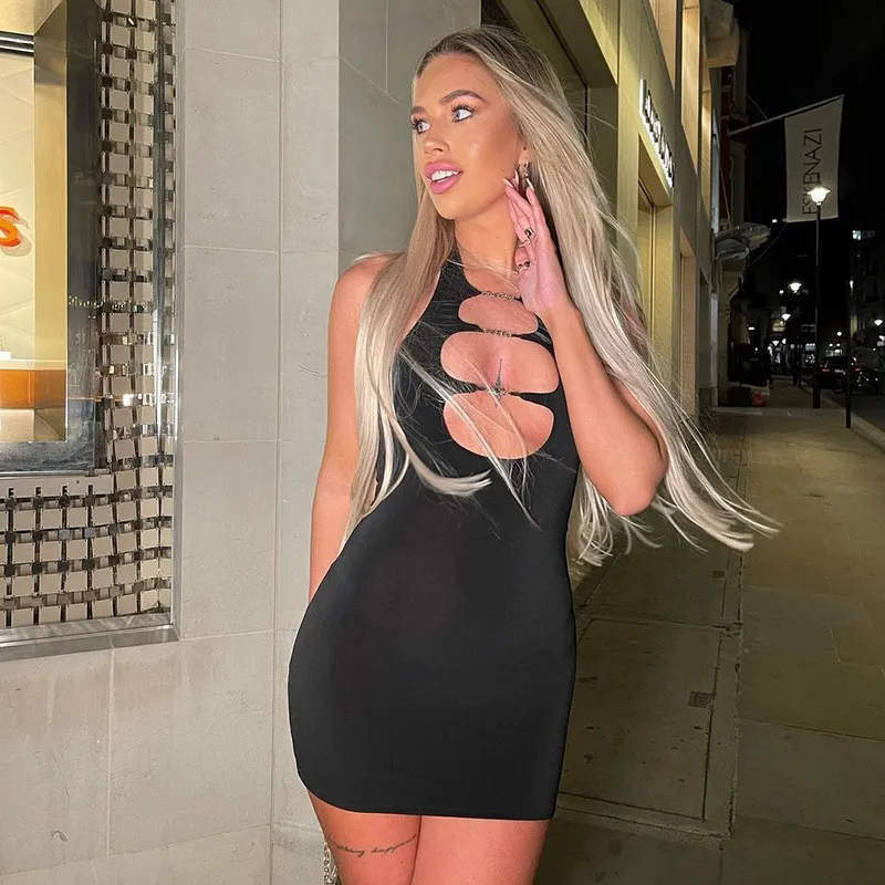 Women's Halter Metal Cutout Backless Dress - Black