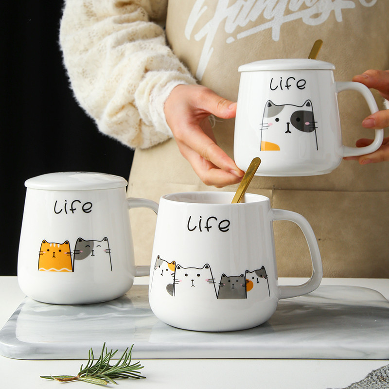 Cartoon Ceramic Cat Mug With Lid And Spoon Simple Creative Cute Girl Coffee Milk